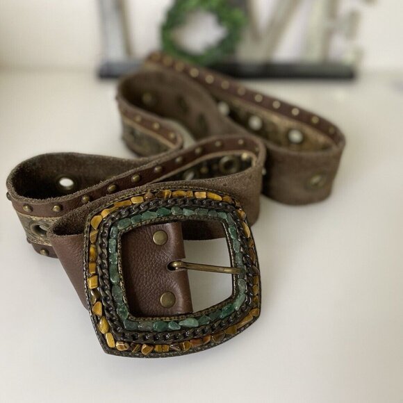 Handmade Brown Leather Statement Belt Semi Precious Stones Studs Up To Size 36 - Picture 6 of 16